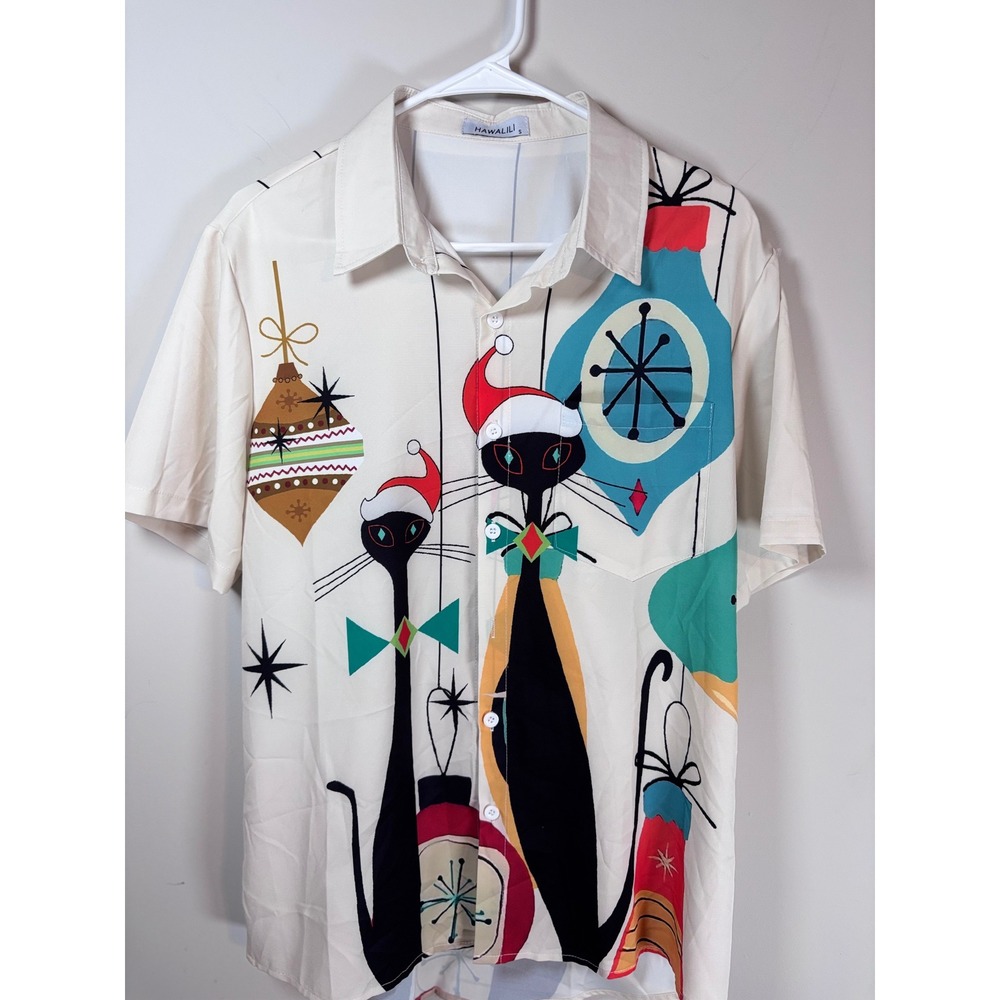 Hawalili Mens Atomic Cat Christmas Shirt Mid Century Modern Retro Holiday S